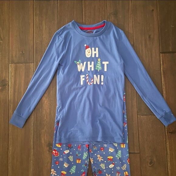 Holiday Time Oh What Fun! Kids Christmas Pajamas Blue L 10-12 - Picture 2 of 5